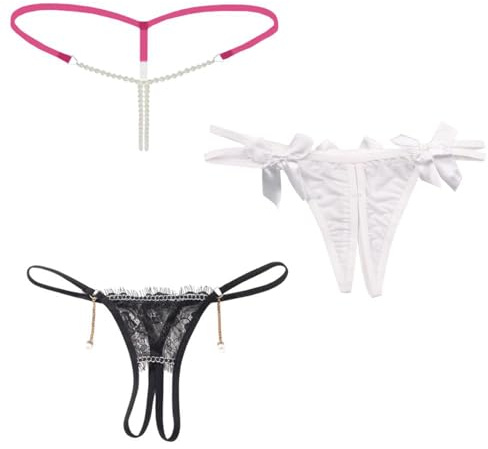 NLAND Perizoma Spago Lingerie da Donna G-String in 3 Pezzi Tanga con Perline Mutandine Fascino per Donne Lingerie Elastico,E