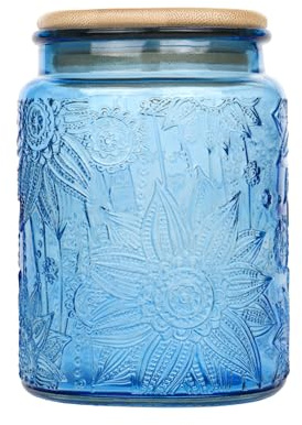 Custde Blue Vintage Glass Candy Jar with Airtight Bamboo Lid, 23.7oz Kitchen Storage Canister for Sugar, Coffee, Tea, Cookies, Bath Salt - Decorative Mason Jar for Pantry & Counter(Blue, 23.7 fl oz)