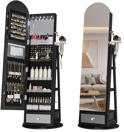 LVSOMT LED Bogen Schmuckschrank mit Spiegel, 360° Drehbar Standspiegel mit Schmuckschränke, Abschließbar Schmuckspiegelschrank mit Beleuchtung, Schmuckschrank Stehend Holz mit Stufiges Regal, Schwarz