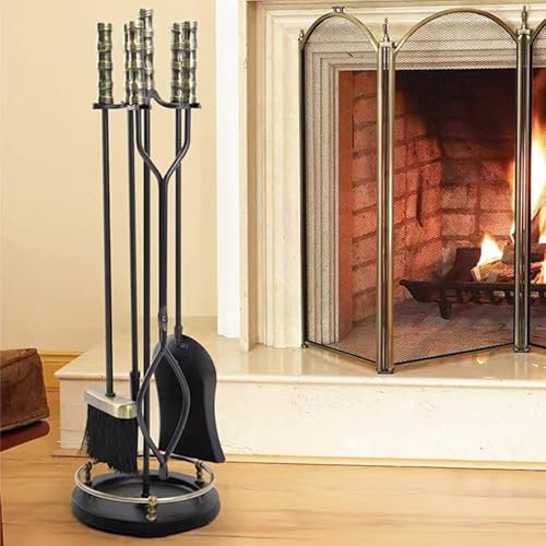 MREGLHUI Set Attrezzi per Camino 5 Pezzi, Base con Attizzatoio, Pinza, Paletta E Scopa,Metallo,Strumenti per Camino in Ferro Battuto Nero E Accessori per Caminetto per Interni,Nero,29.9in