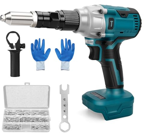 Pistola remachadora a batería compatible con Makita 18V batería, Remachadora eléctrica sin escobillas con luz LED, 175 remaches, 4 adaptadores y llave inglesa, Juego remachadora portátil (sin batería)