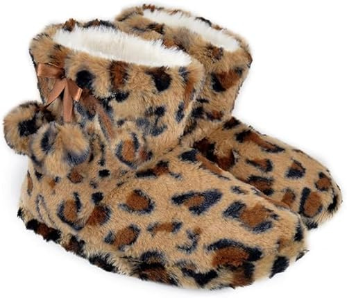 A2Z Ladies Slipper Bootie Leopard Patteren Faux Fur Novelty Warm Winter - SLPR LDS AZ32050 Brown 3/4 UK