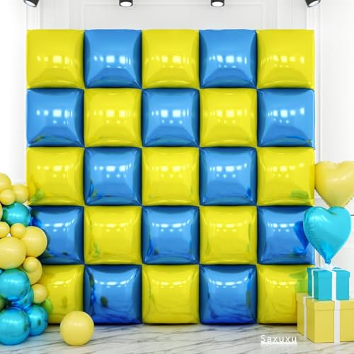 Blue and Yellow Square Foil Balloon Wall 19 Inches Double Sided Square