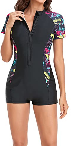 Swimwear Women One Piece Swimsuit Short Sleeve Rash Guard Sets Zip Up Tummy Control Swimming Costume Burkini Swimwear Hawaiian Holiday Beach Surfing Bathing Suits Ladies
