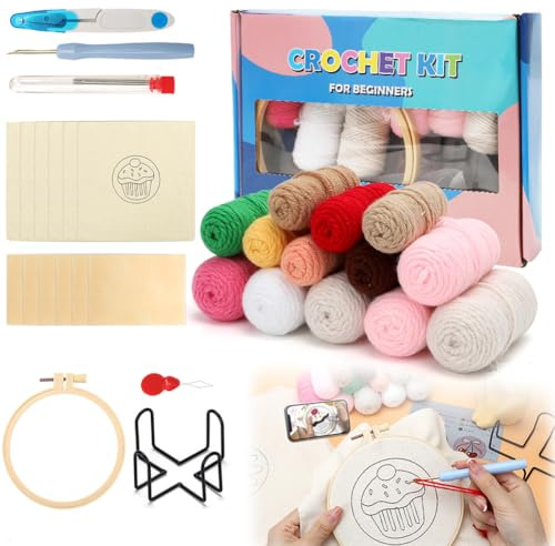 Gohytal Craft Punch nålunderlägg set, 6 delar gör-det-själv broderiset för nybörjare, barn och vuxna, gör-det-själv pysselpaket set broderi, startkit med motiv, garn, broderiram, hållare