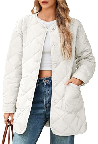 PEHMEA Women's Lightweight Quilted Puffer Jacket, Casual Long Sleeve Button Down Padded Coat with Pockets(Beige-M)