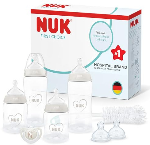 NUK First Choice Perfect Start Set de Biberones para Recién Nacidos | 0-6 Meses | 4 Biberones Anticólicos (150 ml, 300 ml), 2 Tetinas, 1 Chupete, 1 Cepillo para Biberones | Neutral | 8 Piezas