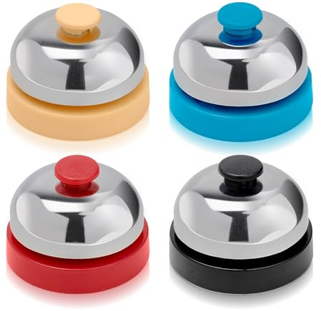 4 Pièces 6,2 cm Cloche de Service avec Son Clair, Cloche de Table en Métal, Sonnette de Réception pour Cuisine, Restaurant, Hôtel et Bars (Bleu, Noir, Rouge et Kaki)