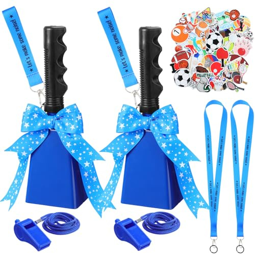 Treela 2 Pack 10 Inch Cowbells with Handle, Cheering Bell Noise Maker for Sporting Events Football Games, Stadiums, Chimes Percussion Musical Instruments Call Bell Alarm(Blue)