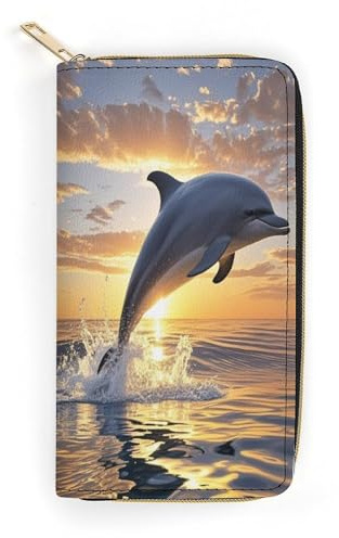 LZQPOEAS Delfini che saltano fuori dall'acqua al tramonto portafoglio per uomo donna porta carte di credito portafoglio lungo minimalista portafoglio in morbida pelle PU portafoglio portamonete con