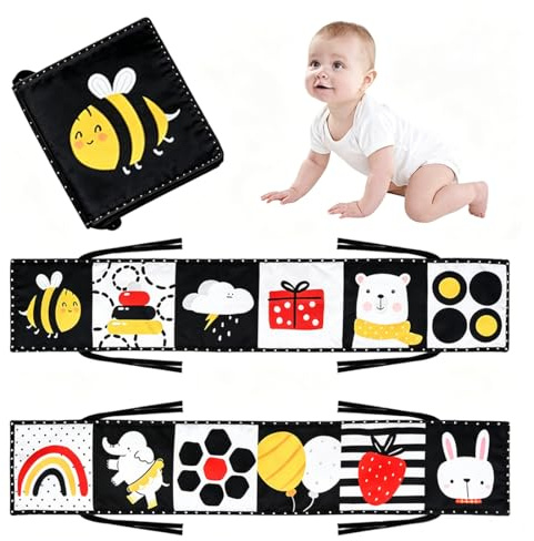 AUEFUDQ Libri Sensoriali Neonato con Specchio, Libro di Stoffa per Neonati,Giochi Neonato 0 3 6 12 Mesi, Tummy Time, Libri di attività in Bianco e Nero, Pieghevole e Lavabile