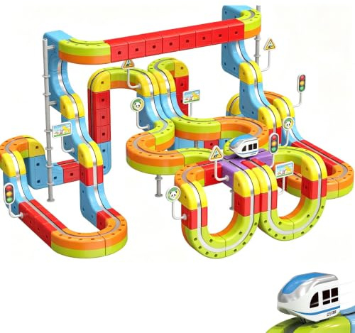 Tren Eléctrico Juguete 141 Piezas, Kit de Vías de Cubos 3D DIY con Trenes Electricos, Creativo Juego de Construcción, Regalo para Niños 3-12 Años