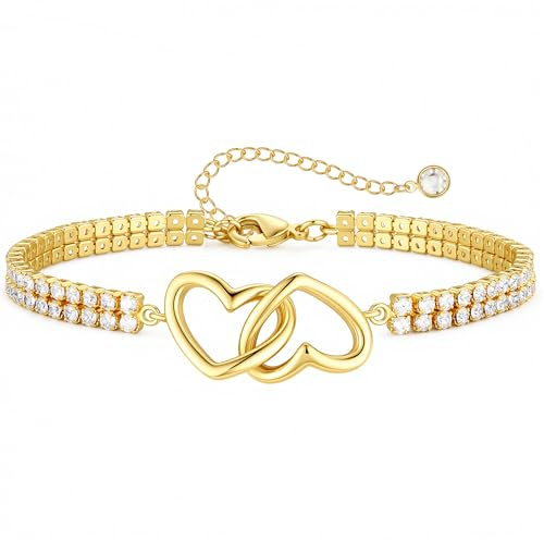 Turandoss Gold Heart Bracelet for Women, Cubic Zirconia Tennis Bracelets