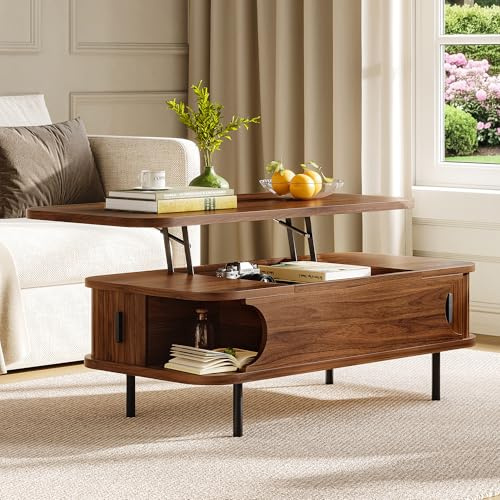 IRONCK Coffee Table with Storage, Lift Top Coffee Tables for living room with Sliding Door, Open Shelf, Hidden Compartment, Wooden Tea Table for Small Space Home Office Bedroom, 101x51x52cm, Walnut