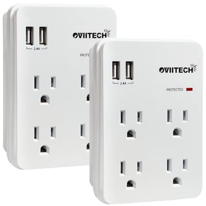 Oviitech Multi-Functional Wall Mount Outlet,Surge Protector,OviiTech 4-Outlet with USB 2.4A Charging Ports Socket Outlets Adapter,1875 W,750 Joules,White,ETL Listed,2 Pack