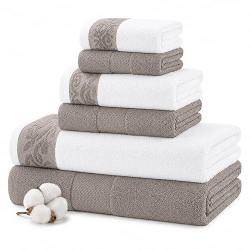 Modern Threads Juego de 6 Toallas de 600 gsm con Borde Jacquard Filgree, Color Gris Pardo
