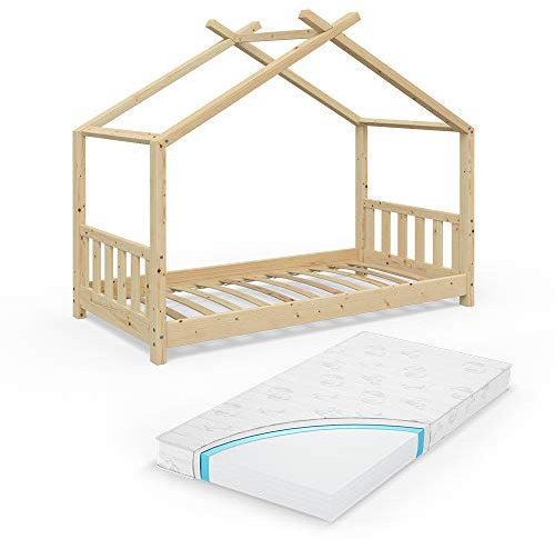 VitaliSpa Hausbett Design, Bett aus Holz, Naturholz, 80x160 cm mit Matratze