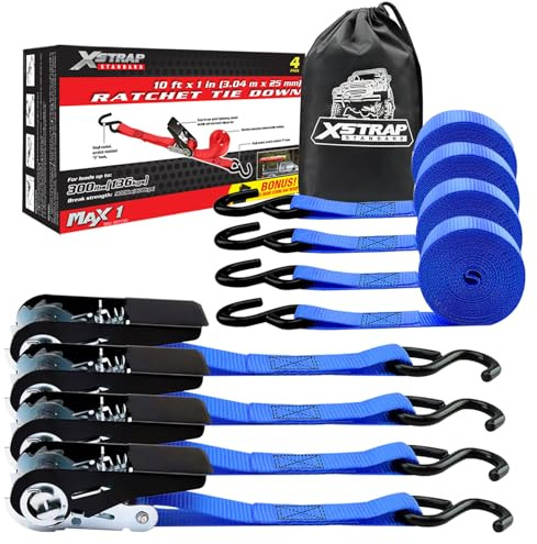 XSTRAP STANDARD Ratchet Tie Down Straps 4 Pk 10 Ft- 300 Lbs Load Cap- 900 Lbs Break Strength-Cargo Straps for UTV, ATV, Pickup,Truck, Moving Appliances, Lawn Equipment, Blue