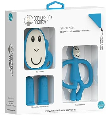 Matchstick Monkey Beißring Starter Set 3 teilig - Baby Zahnungshilfen - für wundes Zahnfleisch - Silikon - BPA-Frei - Beißring Tiermotiv, Beißring Gesicht, Fingerzahnbürsten - Affe blau