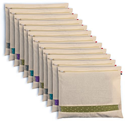 SOLSTICE Cotton Saree Bags, Covers for Storage Set with Zip Closure for Clothes Bags and Wardrobe Organizer with Transparent mesh window (16 x 14 Inches) (Pack 0f 12)