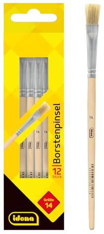 Idena 90099 - Pinceles de cerdas, tamaño 14, con mango de madera sin pintar, juego de 12, pinceles para pintar para escolares artistas aficionados