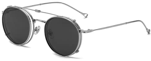 kachawoo Gafas de sol polarizadas redondas hombres UV400 lente clip en gafas de sol mujeres marco metal flip up gafas, plateado con negro