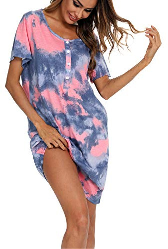 ENJOYNIGHT Camicia da notte da donna a maniche corte, per l'allattamento, con abbottonatura, biancheria da notte, blu rosa, 3XL