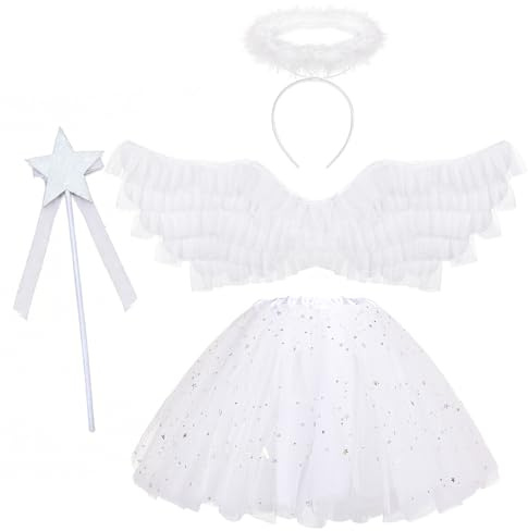 Hifot 4 Pièces Costume d'ailes d'ange Fille Plumes Fancy Dress Ailes et Jupe Tutu auréole d'ange Baguette Magique Deguisement Halloween Christmas Carnaval Cosplay