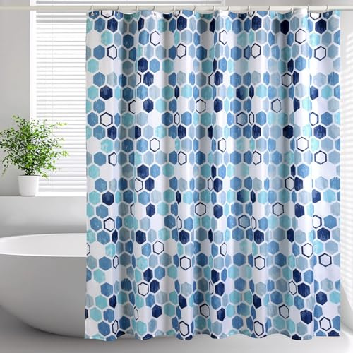 Lkw Ogechi 240cm Tropfen Blau Polyester Badezimmervorhang mit Hexagon Muster, Stylischer Polyester Duschvorhang mit Beschwertem Saum, Waschbar Anti-schimmel Duschvorhang (200X220cm)