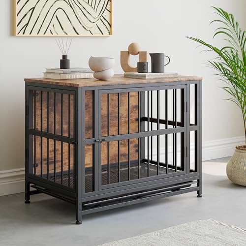 BORPHOM Meuble cage pour chien en bois de 83 cm, grande niche d'intérieur robuste, cage renforcée pour chiens moyens/grands, niche avec 2 portes plateau amovible, table d'appoint latérale, résistante