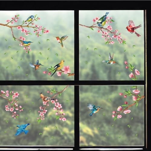 WALPLUS Cherry Blossom Flowers Watercolour with Birds Window Stickers, Removable Reusable Double-Sided Glass Clings for Home, Kids Room, Classroom and Seasonal Decor