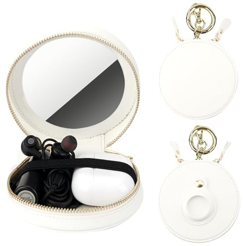 Bocasal Coin Pouch Mini Lipstick Cosmetic Bag with Airtag Holder Mirror, Leather Zipper Travel Makeup Bag Organizer Keychain Ring Clasp for Key Earbuds Earphone Lip Gloss Chapstick Women Girls (White)