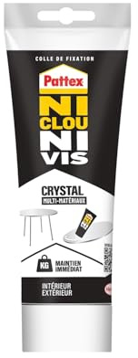 Pattex Ni Clou Ni Vis Crystal, Mastic Colle, Tube 208g, Transparent | Transparent après séchage, Colle bois et autres matériaux, Résistant à l'eau et UV, Maintien immédiat, repositionnable 15 min