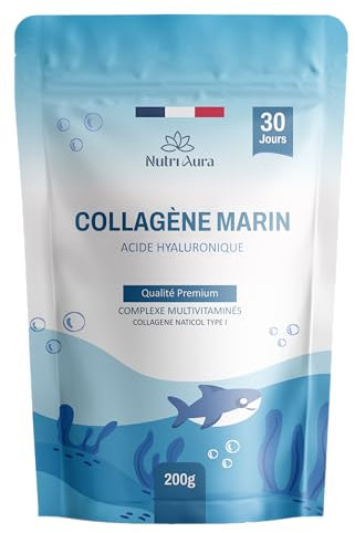 Collagène Marin Poudre Type 1 + Acide Hyaluronique, Glycine, Silicium, Vitamines C - Peau & Articulations - 5218mg de Collagène Hydrolysé à 2000 Da - Peptides - gout neutre - Fabriqué en France