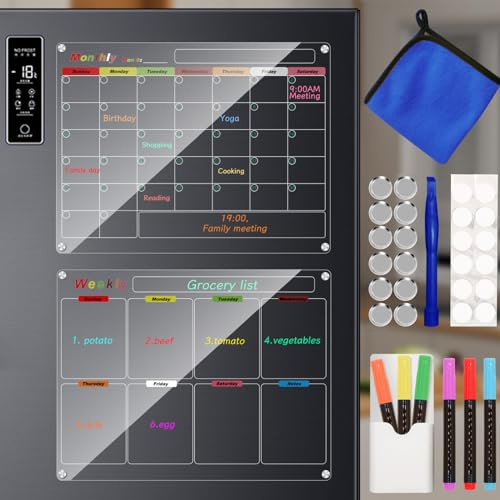 Magnetisk kalender i akryl för kylskåp, 2-pack 30 x 40 cm/12 x 16 tum klar kylskåpskalender, planeringstavlor, månadsplanerare och veckoplanerare