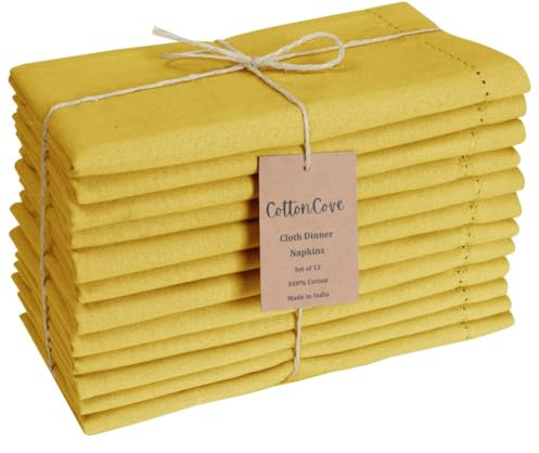 CottonCove Hemstitch Cloth Dinner Napkins Cotton Set of 12 - Soft Durable Washable - Ideal for Farmhouse Parties Wedding Christmas Easter - Perfect Everyday Use Table Cloth Napkins 46x46 cm Yellow