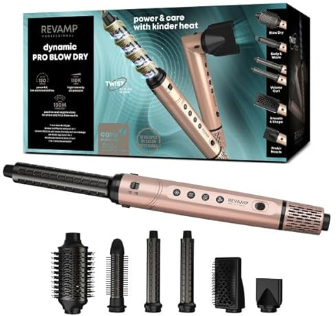 REVAMP Dynamic Radiance Pro Blow Dry Ionic Hot Air Styler – 7 in 1 Brushless Motor, for Quick Drying, Volume, Retractable Bristle Brush, Straighten, Auto Air Curl - 6 Styling Attachments, Beauty Bag