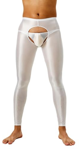 Xnihocha Pantalones Sexy para Hombre con Entrepierna Abierta, Leggings Brillantes, Pantyhose Skinny, de Cintura Alta, Ropa de Dormir, Blanco, XL