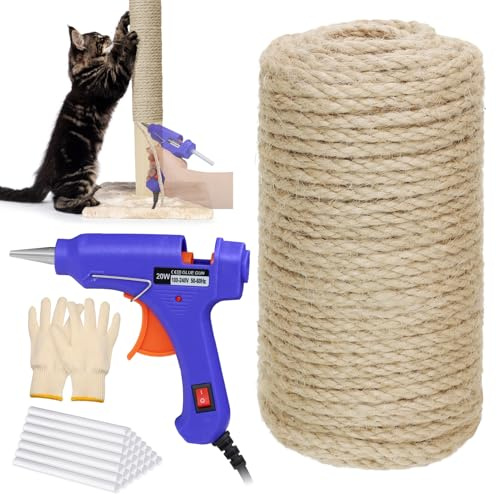 164 FT Sisal Rope for Cat Scratcher Kits, 4MM Natural Hemp Twine Rope Replacement for Cat Scratching Post Repairing Scratcher Cat Tree Tower Toys Indoor DIY Craft with Hot Glue Gun and Glue Sticks