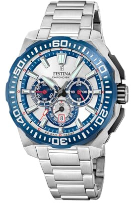 FESTINA Reloj Hombre Analógico de Acero Inoxidable 316l Plateado - Movimiento de Cuarzo - Cronógrafo - Calendario - Cristal Mineral de Alta Resistencia - Resistente al Agua 20 ATM F20724/1 Chrono Bike