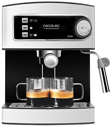 Cecotec Cafetera Express Manual Power Espresso 20 Essential. 850W, 20 Bares, Vaporizador Orientable, Brazo Doble Salida, Depósito Agua 1,5l, Superficie Calientatazas, Fácil Limpieza