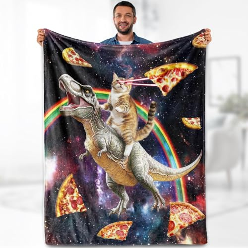 Aimego Funny Cat Blanket Gifts for Men Women Kids Cool Cat Riding Dinosaur on Fantasy Galaxy Cozy Travel Bed Couch Plush Boys Girls Birthday Christmas Lightweight Blanket 50x60