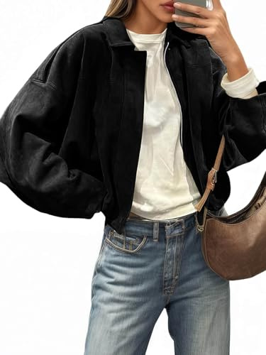 Cicy Bell Womens Faux Suede Bomber Jackets Oversized Cropped Zip Up Lapel Coats Fall Casual Outerwears