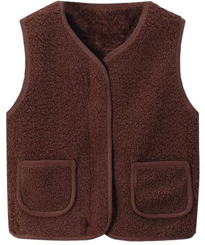 Gilet in pile senza maniche per bambini, invernale, caldo, con scollo a V, chiusura lampo, tinta unita, per bambini e ragazze, con tasche da 6 mesi a 9 anni, marrone, 3-4 anni