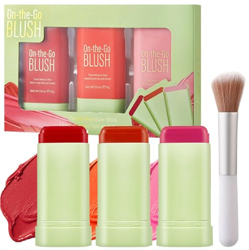 3PCS Multi-Use Blush Stick — Cream Blusher with Blush, Contour & Highlighter Stick, Lightweight Liquid Tint, Waterproof Long-Lasting Bronzing Makeup for Mature Skin, Eyes, Cheeks & Lips