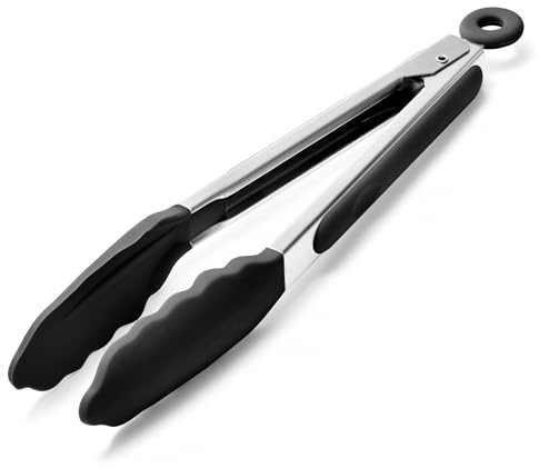 Doosu Kitchen Cooking Silicone Tongs，315℃ Heat Resistant Locking Tong with Non-Scratch Tipped, 18/8 Stainless Steel Heavy Duty Utensils for BBQ, Air Fryer, Serving Salad (23cm, Black)