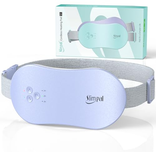 Almohadilla térmica portátil Slimpal, cinturón calefactor portátil inalámbrico, 3 niveles de calor y temporizador de apagado automático, almohadilla térmica recargable (morado claro)
