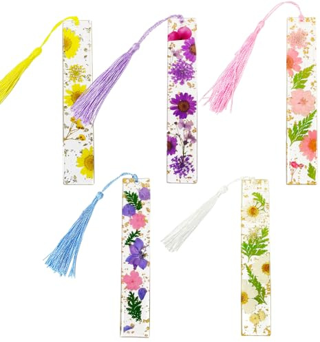 Solvio 5pcs Resin Dried Flower Bookmarks with Tassels, Clear Floral Book Mark Page Marker, Unique Reading Accessories Gift for Women, Girls, Book Lovers, Teachers and Students