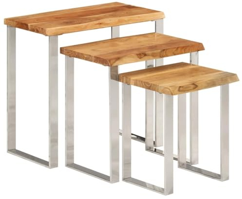 LoogCape Nesting Tables with Tree Edge Made of Solid Acacia Wood, U Steel Legs, Set of 3 for Living Room, Hallway, Office, Side Tables as Decoration and Storage