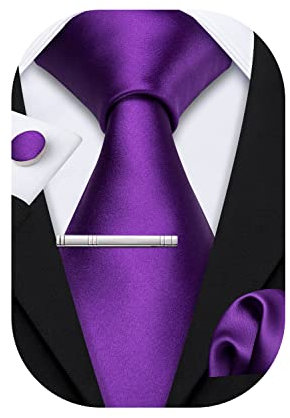 Barry.Wang Men Ties Set Solid Classic Satin Necktie Pocket Square Cufflinks Clip 4PCS for Men Wedding Formal Business